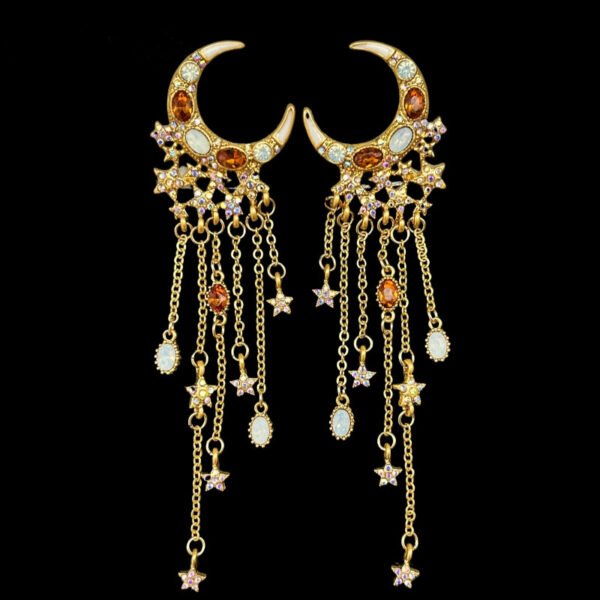 E007: Earrings with Star and Moon-shaped Tassels Inlaid with Full Diamonds