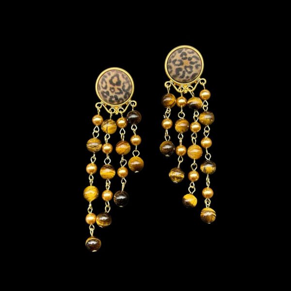 E008: Flocked Leopard Print Earrings with Tiger's Eye Stone and Pearl Tassels
