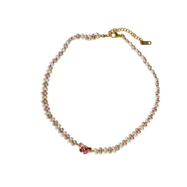 N001: Hand-woven butterfly necklace with faux pearls