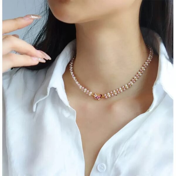 N001: Hand-woven butterfly necklace with faux pearls - Image 2